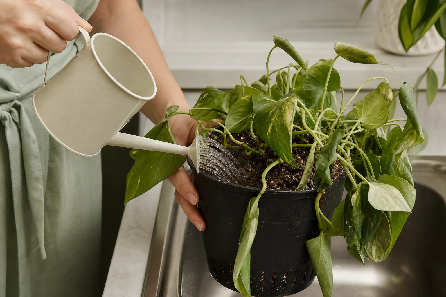 Gardener slowly watering a drooping pothos with dry potting mix that has pulled from the pot edge