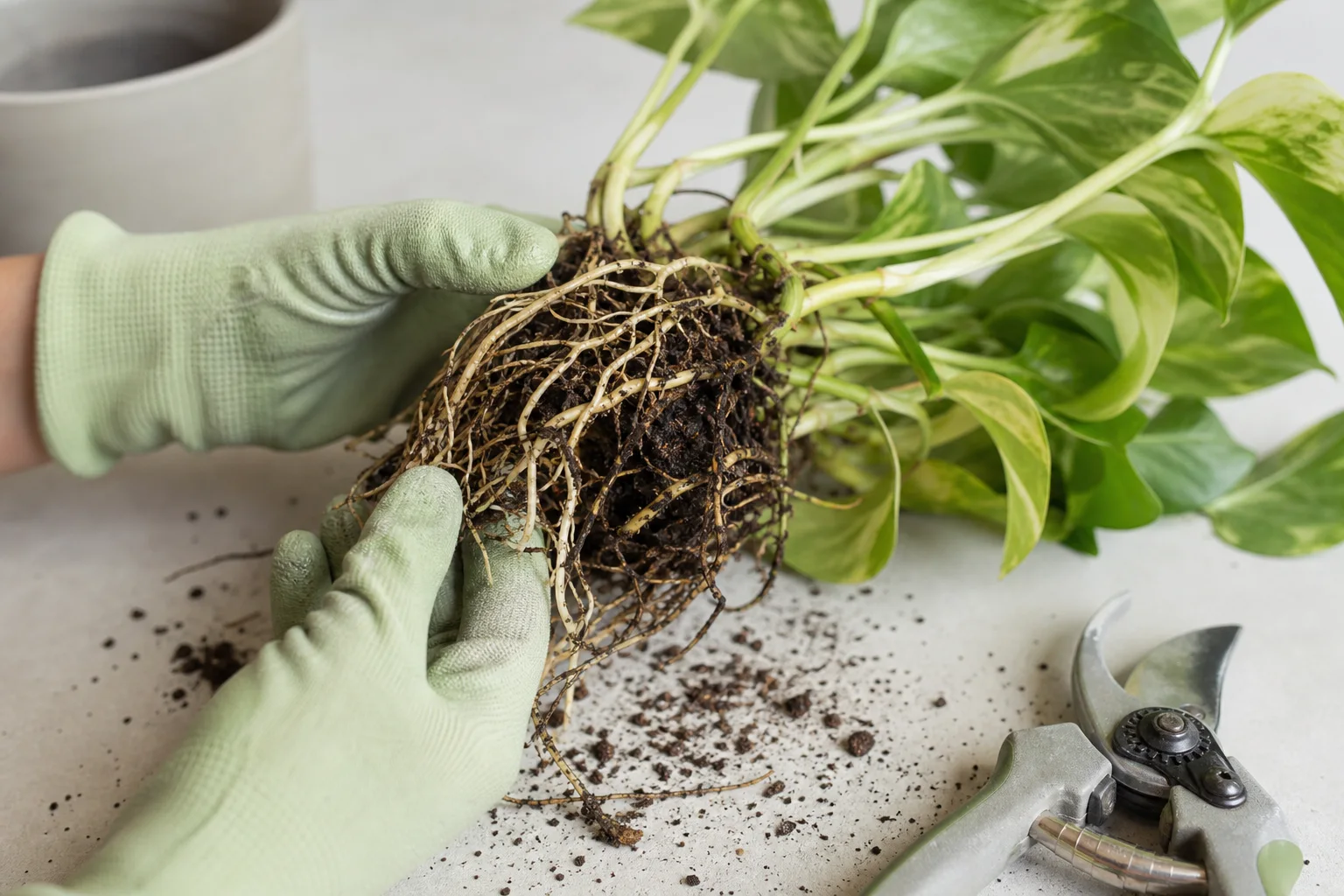 Close view of a pothos root ball showing firm pale roots beside dark soft damaged roots during inspection