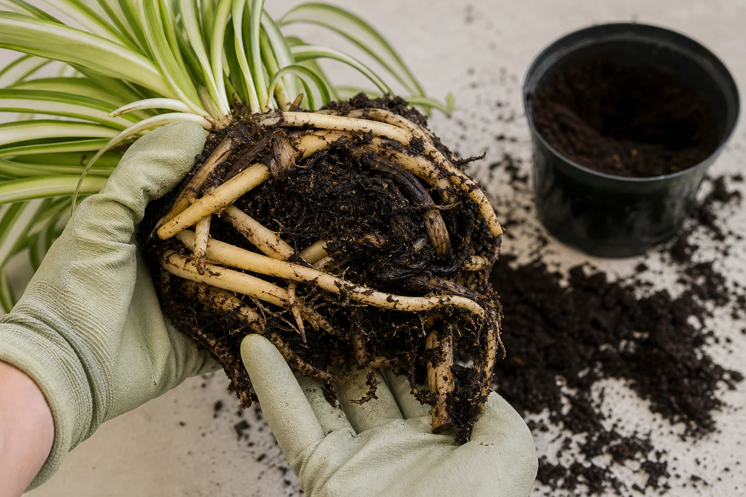 Spider plant removed from its pot showing firm pale storage roots beside dark softened roots in wet potting mix