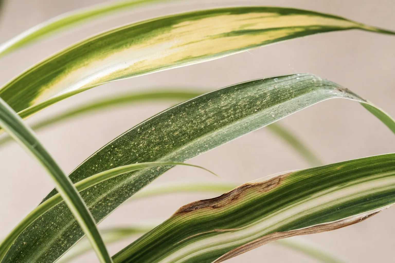 Close view of spider plant leaves showing sun-bleached patches, fine spider-mite stippling, and brown mineral-damaged tips on separate leaves