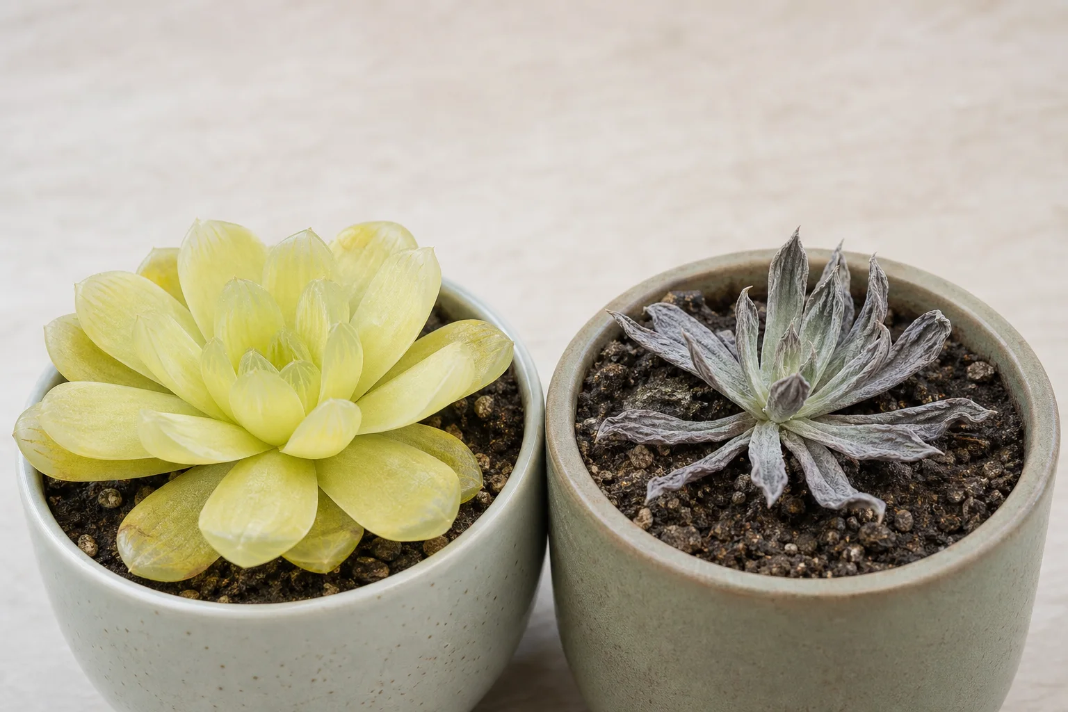 Side-by-side close-up of a mushy overwatered succulent and a wrinkled dehydrated succulent