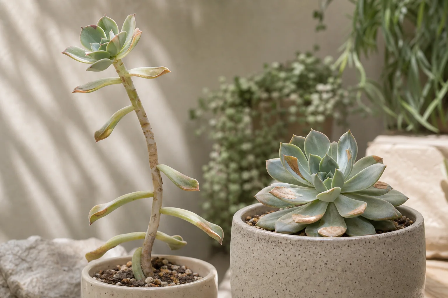 Succulent showing stretched low-light growth beside another plant with localized sun-scorch patches