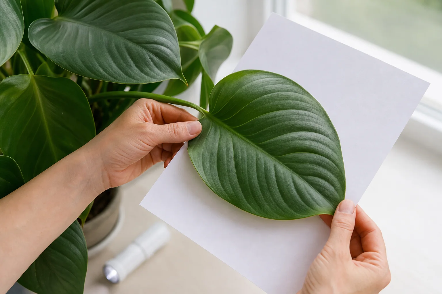 Person examining an attached green houseplant leaf over white paper beside a bright window