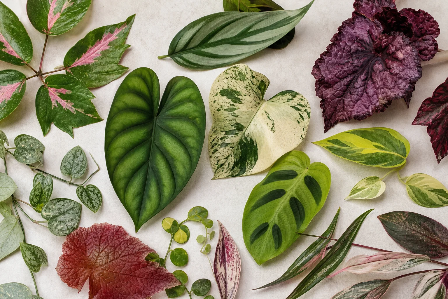 Botanical arrangement of healthy green, variegated, purple, red, and yellow leaves showing natural pigment differences